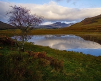 Near perfect reflections of BlbheinnBlaven not long after sunrise Isle of Skye Scotland UK 