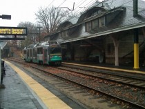 Newton Center Station on the D Line with its classic Boston amp Albany station building Newton Massachusetts 