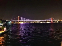 Night view of The famous Bosphorus Bridge in Istanbul Turkeyconnecting Europe and Asia together