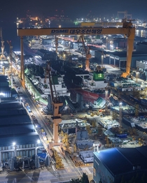 Night work at Daewoo Shipbuilding amp Marine Engineerings Okpo Shipyard Geoje Island South Korea 