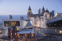Nighttime cityscape of Liverpool England 