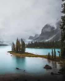 On my last day in Jasper I took a boat out to Spirit Island The entire ride was through dens fog and pouring rain By the time we hit shore we got a  minute window where the mountains made an appearance Worth it Maligne Lake Jasper CA  IG kylefredrickson