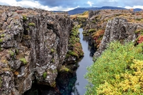 On one side Euroasia tectonic plate on the other - The North American Sylfra Iceland 
