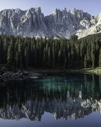 One of the most spectacular lake and mountain scenes in Europe Karersee in the Dolomites 
