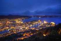 Overlooking the city of Bergen Norway during the blue hour 