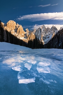 Pale di San Martino in a freezing winter morning Italy 