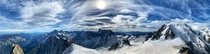 Panorama taken from Aiguille de Midi showing the Chamonix Valley France on the left Switzerland in the centre and the Italian Alps and Mont Blanc on the right am  August   x