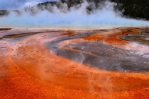 Part of grand prismatic spring Yellowstone national Park on a cloudy day