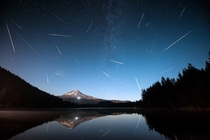 Perseids over Mt Hood from Trillium Lake in Oregon 