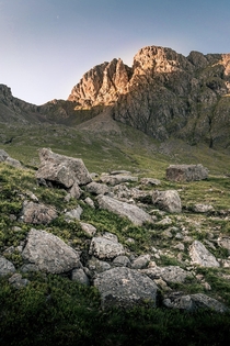 Pike Crags at Sunrise on the way up Scafell Pike Lake District 