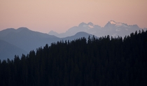 Pink sunset over the North Cascades Above Thornton Lakes Washington 