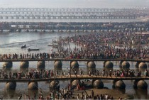 Pontoon bridges at the Maha Kumbh festival in Allahabad India 