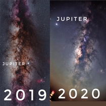 probably not an accurate comparison as both images werent taken around the same time but nice to see Jupiters change in position in the sky nearly a year apart 