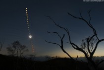 Queensland Australias total solar eclipse captured as series of  exposures sequence begins near the horizon 