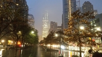 Rainy foggy lower Manhattan New York 