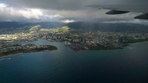 Rainy Honolulu from plane 