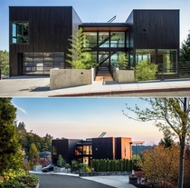 Residence clad in charred wood on a steep lot with views towards Mt St Helens and Mt Rainier Portland Oregon by Scott Edwards Architecture Photo Pete Eckert 