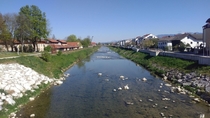River through small Bavarian town with Alps in the background 
