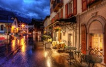 Romantic street on a rainy night in Zermatt Switzerland 
