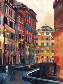 Rome street next to Pantheonme watercolor