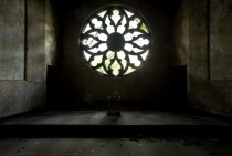Rose window of Catholic chapel on Hart Island New York Citys Potters Field where over  bodies lie in mass graves 