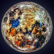 Sacramento-based astrophotography enthusiast Andrew McCarthy extracted color data from  photos of the moon to create this enhanced photo showing all the different splashes of color on the surface left by impacts of different minerals