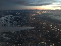 Salt Lake City Utah just after takeoff at dusk Looking South and heading East over the Rockies