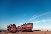 Sand-locked ship in what was once a thriving body of water Uzbekistan dried Aral Sea