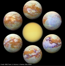Saturns largest moon Titan viewed in infrared showing the land masses against the liquid methane lakes and seas