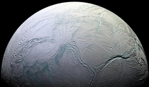 Saturns moon Enceladus hides an ocean of liquid water under its icy shell This photo was taken by the Cassini probe