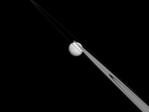 Saturns moon Tethys lines up with Saturns rings