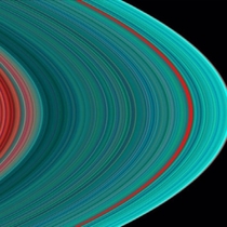 Saturns rings in ultraviolet The ring system begins from the inside out with the DCBA rings followed by the FGE rings The red in the image indicates sparser ringlets likely made of dirty amp possibly smaller particles than in the icier turquoise ringlets