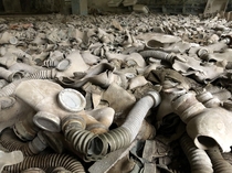Sea of gas masks Pripyat Chernobyl exclusion zone