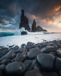 Sea stacks on the island of Madeira Portugal during sunrise 