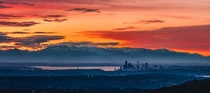 Seattle at sunset with Olympic National Park as a backdrop