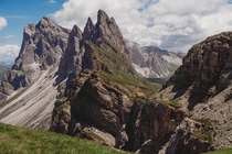 Seceda Mountains forming a natural barrier in the Dolomites Italy 