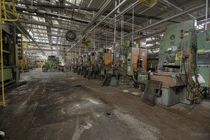 Seemingly Endless Row of Machinery Inside the Former GM Powertrain Plant in St Catharines Ontario 