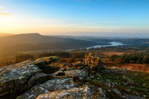Sheepstor and Burrator Reservoir at sunrise seen from Leather Tor Dartmoor 