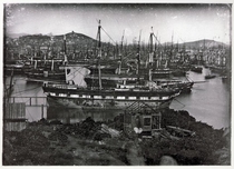Ships at anchor in Yerba Buena Bay San Francisco abandoned by their crews during the California Gold Rush in 