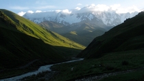 Shkhara highest peak of Georgia hidden in morning clouds
