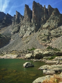Sky Pond and the appropriately named Cathedral Spires in Rocky Mountain National Park Colorado USA 