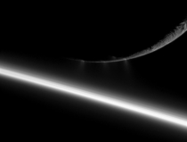 Small water ice particles fly from fissures in the south polar region of Saturns moon Enceladus in this image taken during the August   Cassini flyby NASA  JPL  Space Science Institute 
