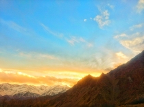 Snow and Sunsets in the mountains Location Ladakh India 