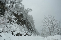 Snowstorm blankets the Tully Limestone cliffs along the shores of Cayuga Lake NY OC 