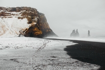 Snowstorm on the black sand beach Vik Iceland 