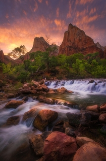 Some nice light during early spring at my favorite spot in Zion National Park - the Court of the Patriarchs The towering red walls over the Virgin River are so impressive Zion NP Utah  mattymeis