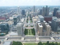 St Louis from the Arch looking west with the Old Courthouse front and center 