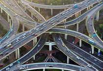 Stack interchange over a pedestrian bridge over an intersection in Shanghai China