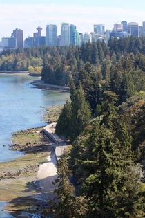Stanley Park and downtown Vancouver from the Lions Gate Bridge 