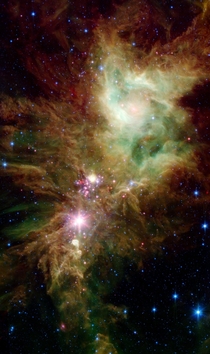Stellar Snowflake Cluster The newly revealed infant stars appear as pink and red specks toward the center and appear to have formed in regularly spaced intervals along linear structures in a configuration that resembles the spokes of a wheel or the patter